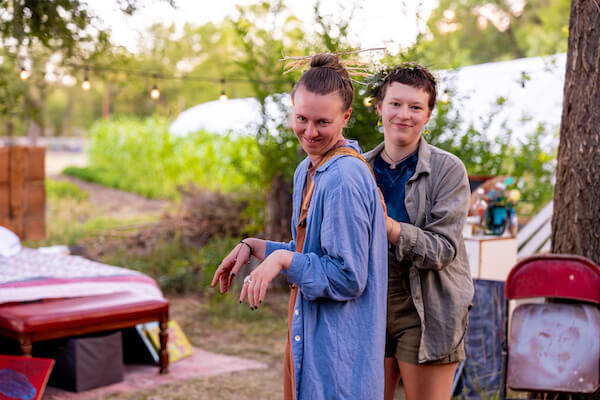 Rhiannon Frazier & Ainara Vecchia pose as goats Bibb and Weezy, in THIS Theatre Co's production of ALABASTER by Audrey Cefaly. Photo by HyunJu Blemel.