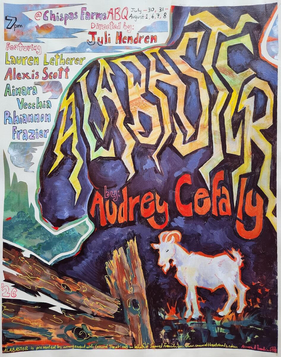 ALABASTER by Audrey Cefaly - poster by Ainara Vecchia A hand-painted poster displaying scar-like letters spelling "ALABASTER" across a woman's back, with a goat and wooden fence at the bottom. By Audrey Cefaly, presented by arrangement with Concord Theatricals on behalf of Samuel French Inc. www.concordtheatr